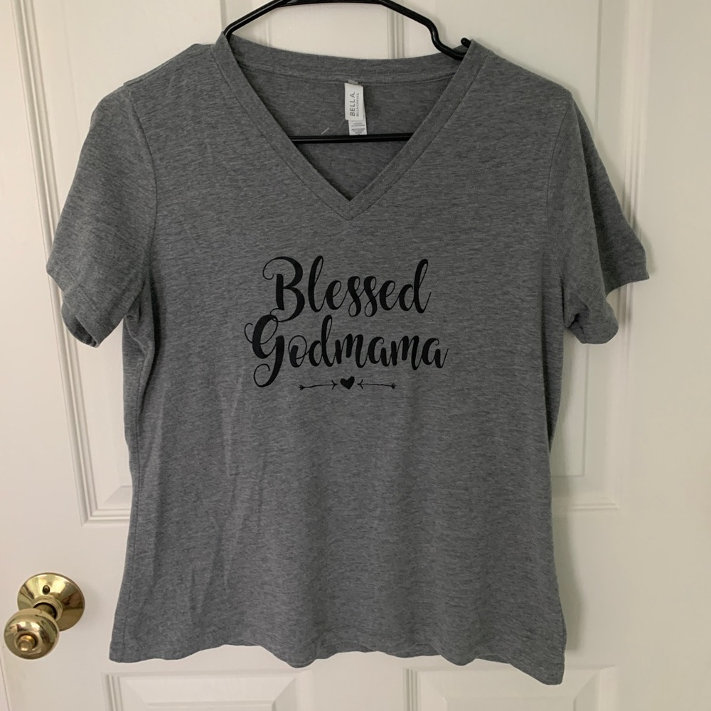 Blessed Godmama short sleeve grey v-neck tee. Size medium.